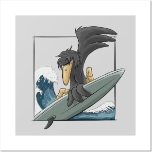 Surfer Crow Raven Surfing On Japan Wave Posters and Art